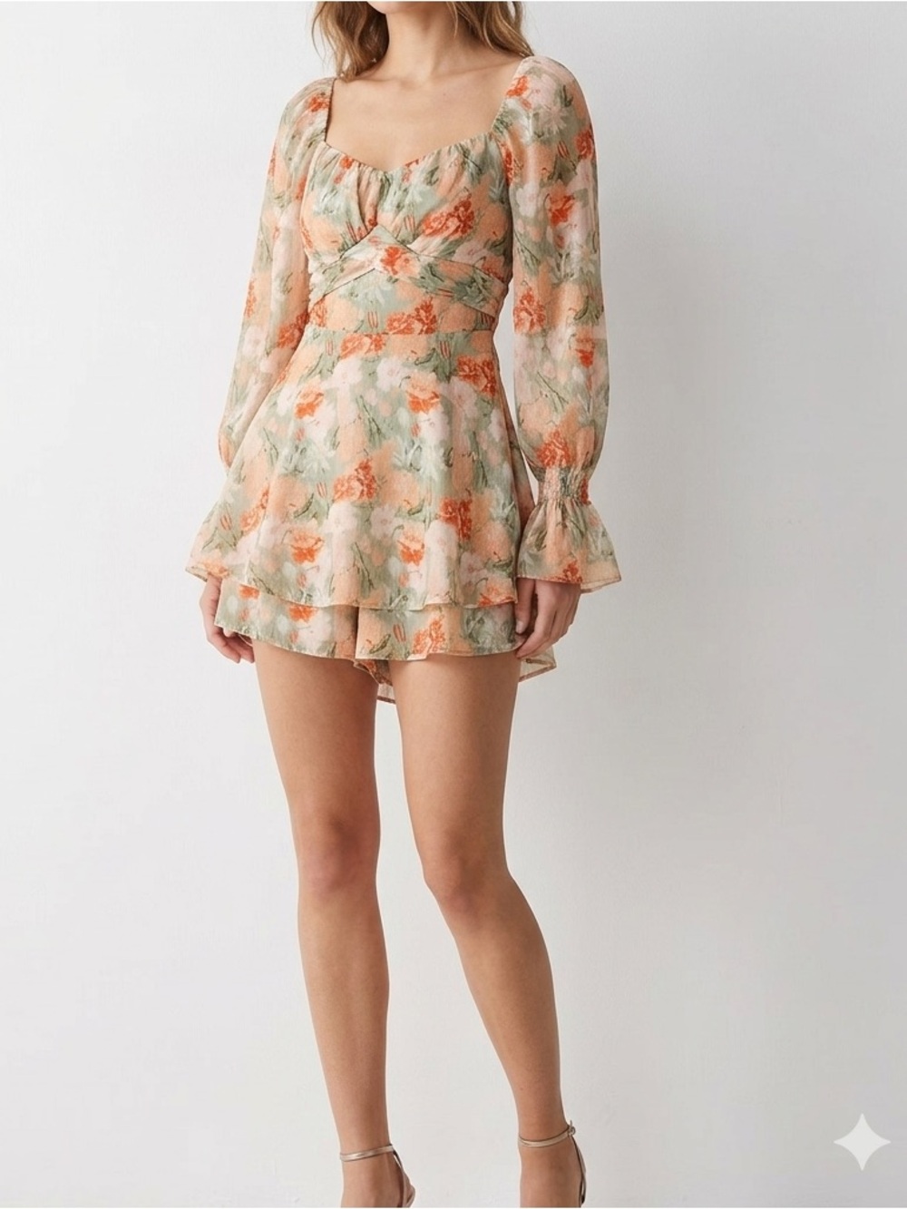 Floral Ruffle Long-Sleeve Romper in Blush Green